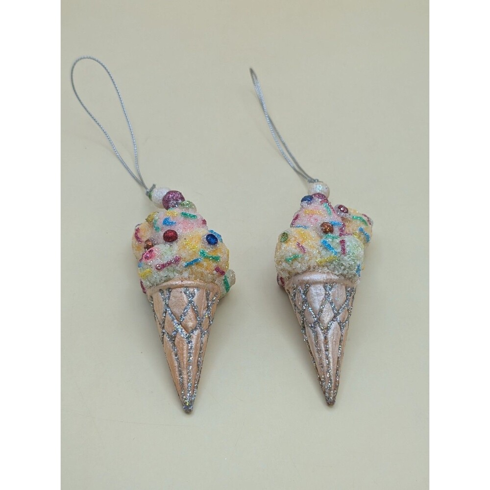 Mercury Glass Christmas Ornament Ice Cream Cone Sprinkles Mica 4.5” Set Of 2 Vtg